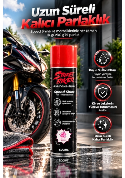 Speed Shine Hızlı Motosiklet Cilası 500 Ml Su İtici Hidrofobik Koruyucu Sprey, Uzun Süre Kalıcı Parlaklık, Bubble Gum Kokulu