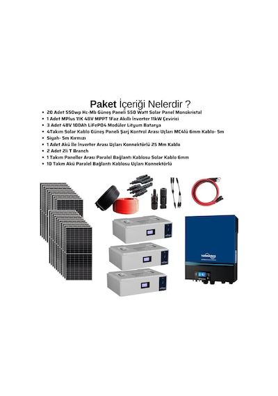 Güneş Enerjisi Solar Paketi 11kva İnverter 550 Watt Güneş Paneli 48v 100 Amper Lityum Akü