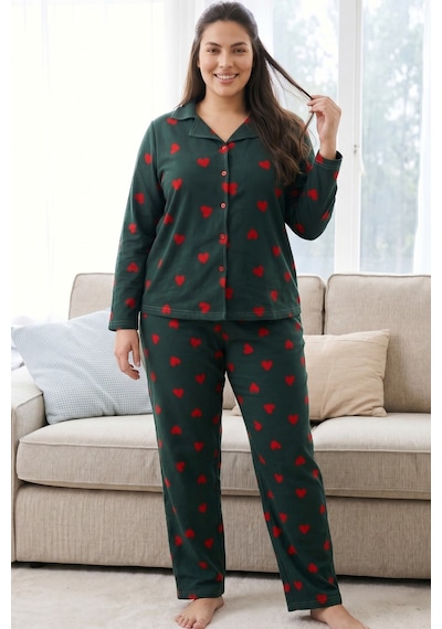 Siyah İnci Desenli Termal Kumaşlı Ultra Soft Yumuşak Büyük Beden Battal Boy Düğmeli Örme Pijama Takımı 26226505 Yeşil