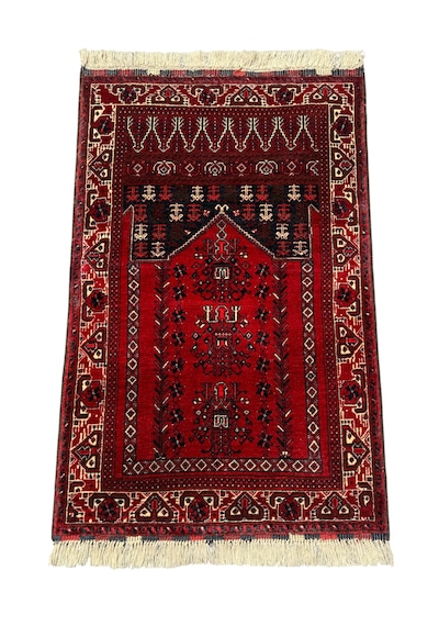 El Dokuma Sıfır Afgan Halısı Seccade 77x120 Kök Boya Kırmızı Yün Namazlık