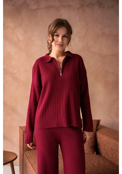 Park Karon Kadın Bordo Polo Yaka Oversize Kazak Pantolon Triko Alt-üst Takım 10955 Bordo