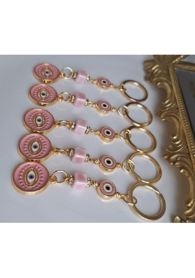 Hediyelik 5'li Zirkon Taşlı Nazar Boncuklu Pembe Şık Anahtarlık 10,5 Cm