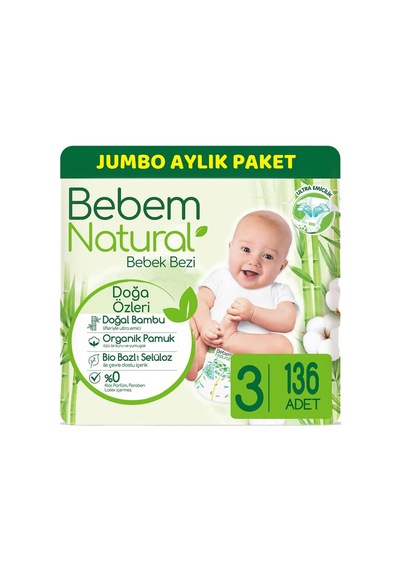 Bebem Natural Bebek Bezi 3 Numara Midi Jumbo Aylık Paket 136 Adet