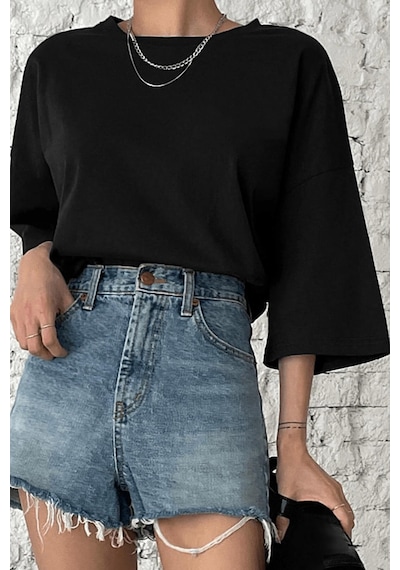 Siyah Basic Düz Baskısız Oversize Salas Boyfriend Kadın T-Shirt Siyah Siyah Basic Düz Baskısız Oversize Salas Boyfriend Kadın T-Shirt Siyah