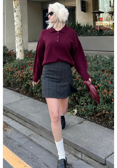 Madmext Bordo Düğmeli Polo Yaka Kadın Kazak Mg2307 Bordo