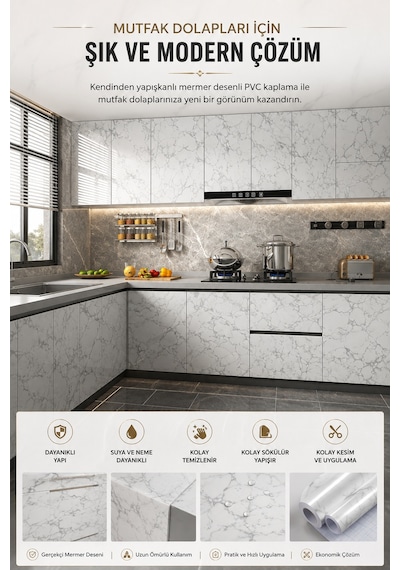 Deconitte Kendinden Yapışkanlı Beyaz Mermer Desenli Pvc Kaplama Folyo Tezgah Masa Dolap 60x100cm