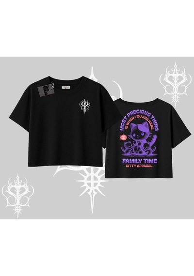 Startmore Startmore Family Time Yazılı Sevimli Anne Kedi Arka Baskılı Oversize Crop Tshirt Siyah