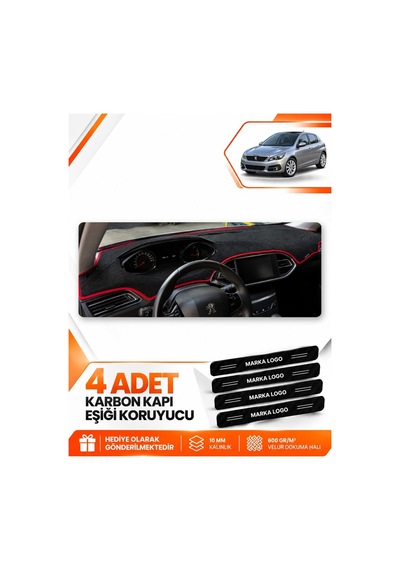 Peugeot 308 2014-2021 Uyumlu Ön Torpido Koruma Kılıfı Halısı Örtüsü - Siyah Kırmızı