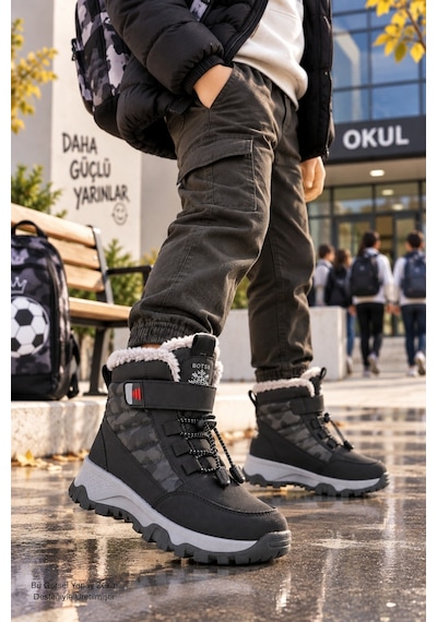 Muggo Peak İçi Kürklü Cırtlı Ve Bağcıklı Unisex Çocuk Kar Botu Siyah