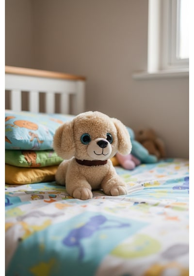 Sesli Havlayan Yavru Köpek Peluş Oyuncak 25 Cm Mavi İri Gözlü - Hediye Ve Uyku Arkadaşı Bej