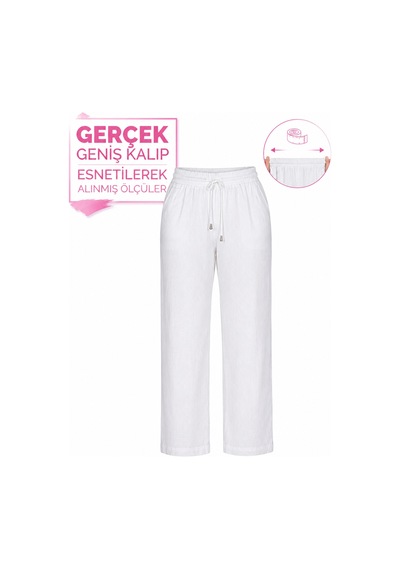 Büyük Beden Beli Lastikli Simli Bağcıklı Bol Paça Kadın Pantolon Beyaz