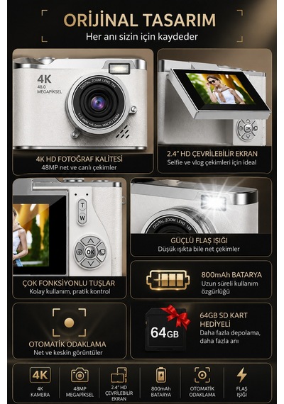 4k Ultra Hd Dijital Fotoğraf Makinesi 64mp, 18x Dijital Zoom, 180 Döner Ekran, Selfie & Vlog Kamerası