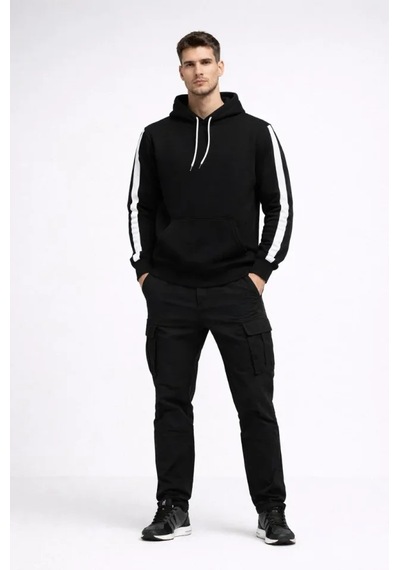 Etiler Collection Erkek Şeritli Kapüşonlu Sweatshirt Oversize 3 Iplik Pamuklu - Siyah