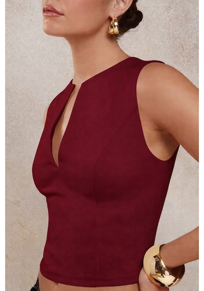 Kadın Derin V Yaka Atlet Esnek Kumaş Crop Üst Bordo