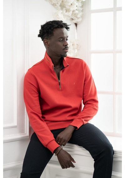 San&Fa Regular Fit Biyeli Fermuarlı Dik Yaka Armürlü Pamuklu Sweatshirt Nar Çiceği
