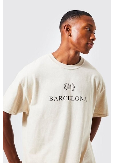 Altamira Unisex Bej Barcelona Baskılı Oversize Tshirt 001