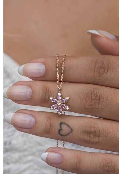 Nereze 925 Ayar Gümüş Pembe Taşlı Lotus Kamelya Çiçeği Kolye