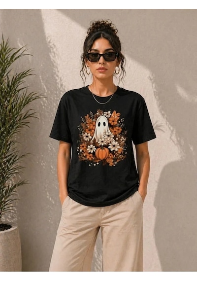 Defymoda Balkabağı Hayalet Baskılı Tişört Kısa Kol Yazlık T-shirt - Siyah