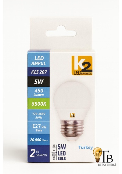 K2 Led Kes 207 5w Led Ampul 450 Lümen 6500k Beyaz Işık E27 Duy 20.000 Saat Ömür Buzdolabı Ampül