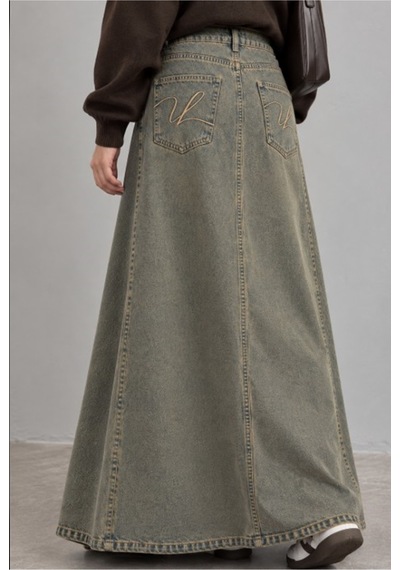 Vellichor Vintage Eskitme Nakışlı Uzun Kot Etek Çok Renkli