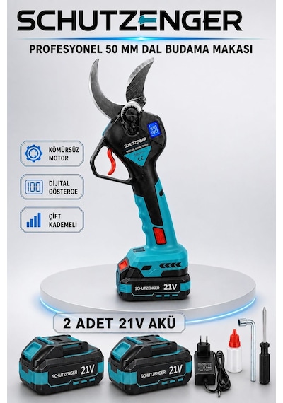 Dijital Göstergeli Dal Budama Bağ Makası 2 Adet 10 Pilli Batarya 50mm Bıçak Ağzı Kömürsüz Motor Mavi-600