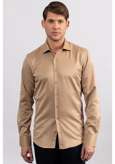 Tudors Modern Slim Fit Düz Saten Erkek Gömlek-23059 Krem