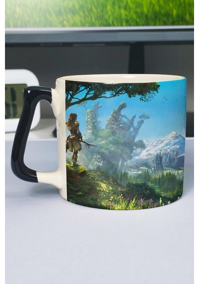 Horizon Zero Baskılı Seramik Lüks Kupa 1 Adet Özel Siyah Kulp Dalga Kulp V5d Çok Renkli