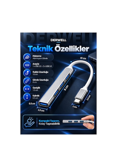 4 Port Type-c Usb Hub Alüminyum Gövde Çoklayıcı Dönüştürücü Macbook Laptop Bilgisayar Uyumlu Çoklu Giriş Çoklayıcı Tak Çalıştır Taşınabilir Hızlı Pratik Çoklu Bağlantı Çoğaltıcı Dağıtıcı