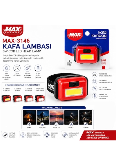 Pilli 3w Cob Led Kafa Lambası Fener 3-kademe Işık Ayarı- Flaşör 4.5v 120lümen 5639