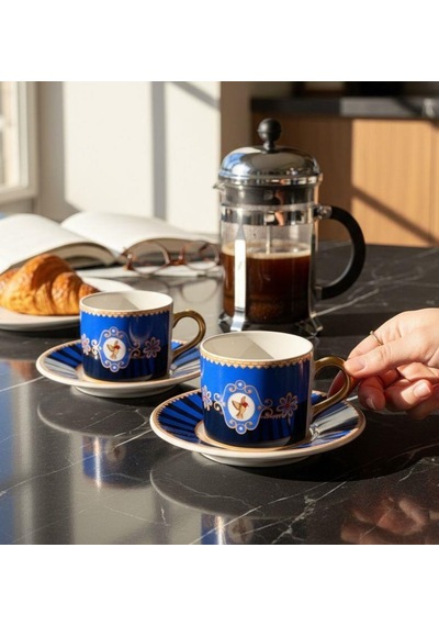 2 Kişilik Bird Blue Double Kahve Fincanı-5529 Mavi
