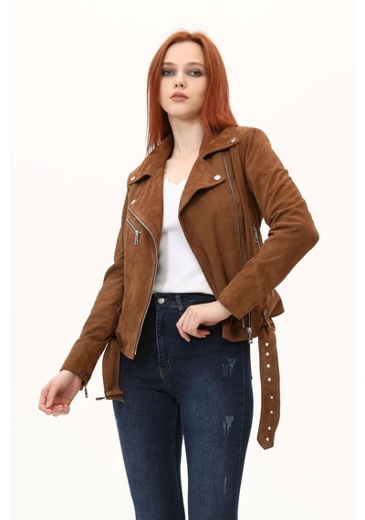 Leatinn Biker Taba Kadın Deri Mont