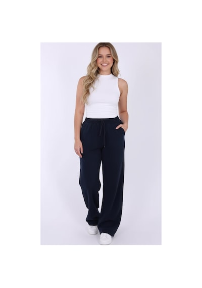 Myrab Denim Kadın Mavi Baggy Keten Pantolon Lastikli Bel Bağcıklı Rahat Geniş Paça Yazlık Pantolon Lacivert