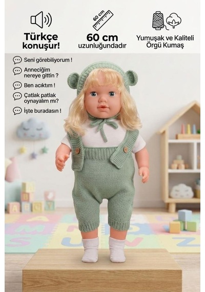 Konuşan Bebeğim 60 Cm Türkçe Konuşan Örgü Tulum Ve Şapkalı Kafası Bacakları Kolları Et Oyuncak Bebek 24028453