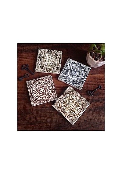 Desen Taş Bardak Altlığı Seti - 4 Parça - Dekoratif Rustik Mutfak Aksesuarı 10x10 Cm Kaydırmaz Tabanlı Şık Ve Diğer