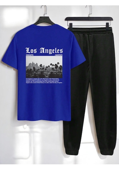 Uyguntarz Unisex Los Angles Baskılı 2'li Eşofman Takımı Mavi