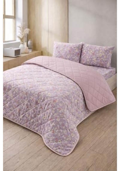 Formeya Kapitoneli Çift Kişilik Desenli Pike - Yatak Örtüsü Takımı 200x230 Cm - 2 Adet Yastık Kılıflı Lila Mor Açık Indigo