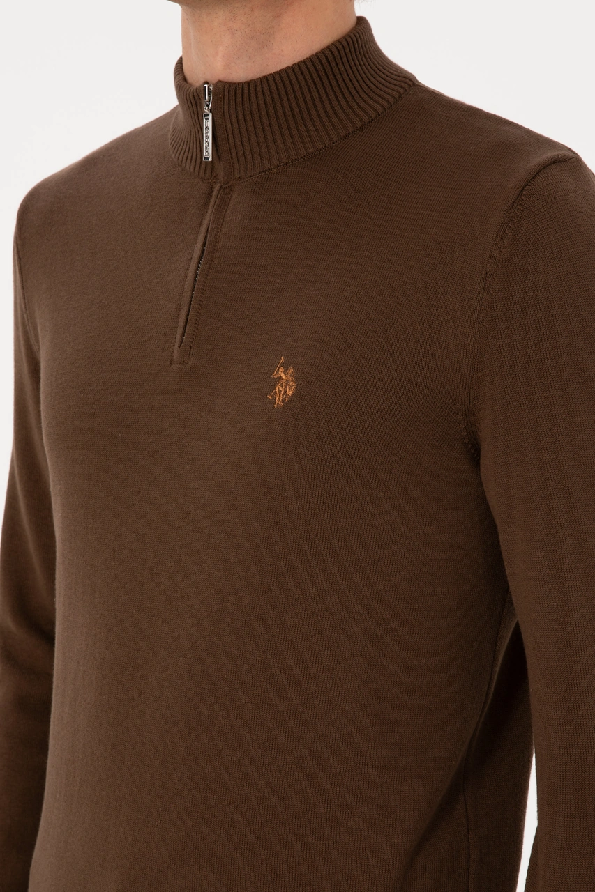 U.S. Polo Assn. Erkek Slim Fit Yarım Fermuarlı Kahverengi Basic Kazak 50313695-VR029