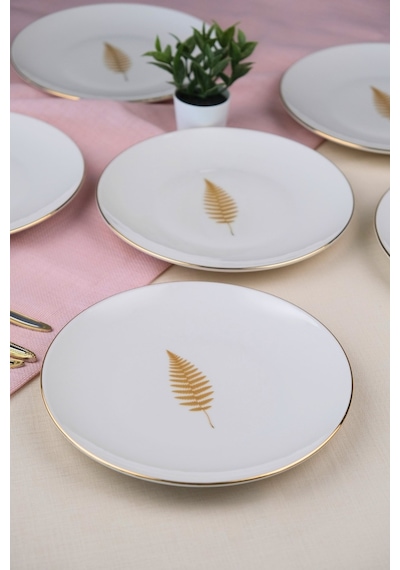 Tabak Evi Porselen Natura Fern Altın Yaldız Pasta Tabağı 20,50cm 6 Lı Çok Renkli