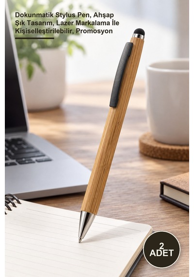 2 Adet Bambu Touch Tükenmez Kalem Dokunmatik Stylus Pen, Ahşap Şık Tasarım, Lazer Markalama İle Kişiselleştirilebilir, Promosyon -