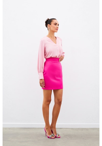 Sateen V Yaka Saten Bluz - Pembe-134907 Pembe