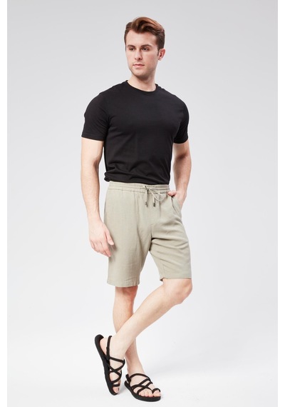 Braccas Erkek Beli Lastikli Bağcıklı Keten Karışımlı Slim Fit Jogger Şort Yeşil Yeşil