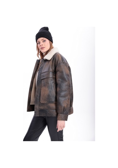 M M Marki Marki Kadın Hakiki Deri Ceket, İçi Kürklü, 58 Cm, Oversize, Sportif Eskitme Model - 119922 Kahverengi Eskitme