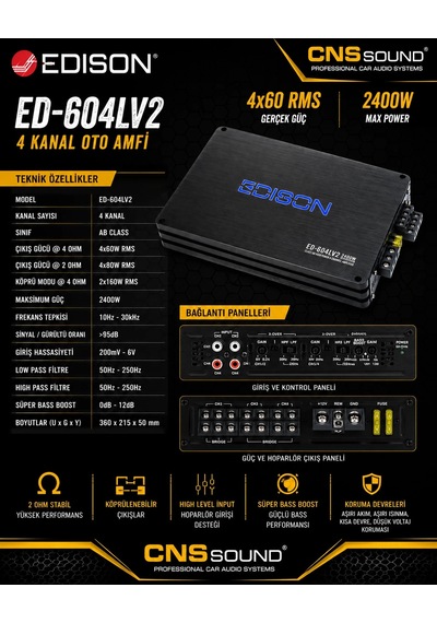 Edison Ed-604lv2 4 Kanal Ab Class Oto Amfi 4x60 Rms