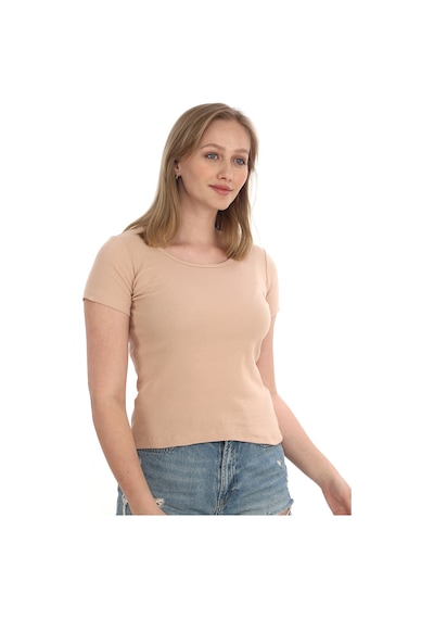 Monox Kadın Fitilli Likralı Pamuk Basic Tshirt Vizon