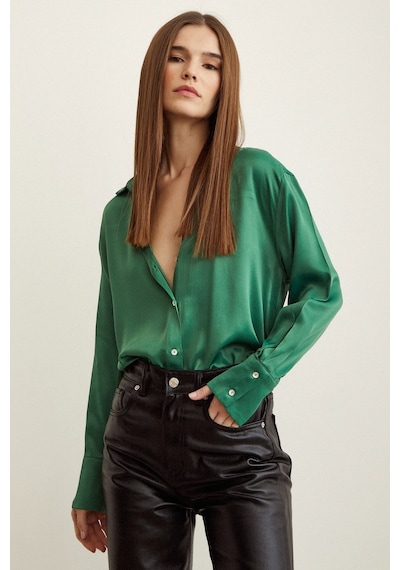 Never More Saten Gömlek Benetton Yeşili Yeşil