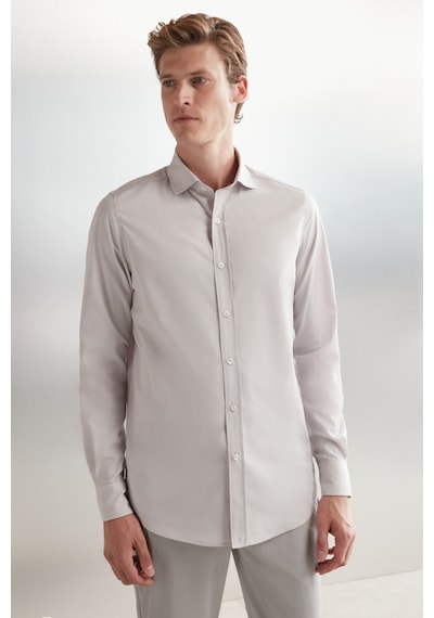 Grımelange Carlsten Erkek Slim Fit Italyan Yaka %100 Pamuk Poplin Açık Gri Gömlek