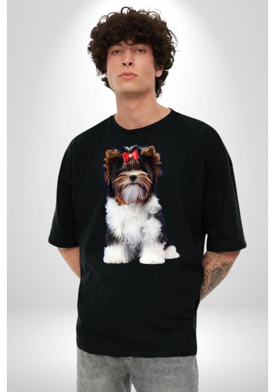 Biewer Yorshire Terrier Pamuklu Bisiklet Yaka Unisex Oversize Boyfriend Dijital Baskılı Siyah T-shirt Siyah