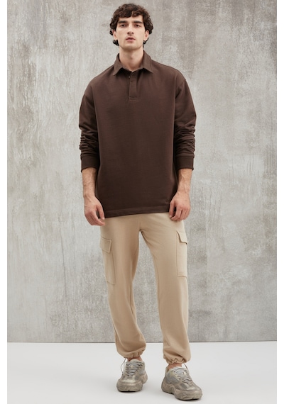 Grımelange John Erkek Polo Sweat Gömlek Yakalı Arkası Uzun Yırtmaçlı Diagonel Kumaşlı Koyu Kahverengi Sweatshir