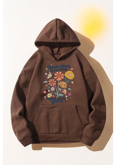 Flowers Baskılı Oversize Sweatshirt Kahverengi