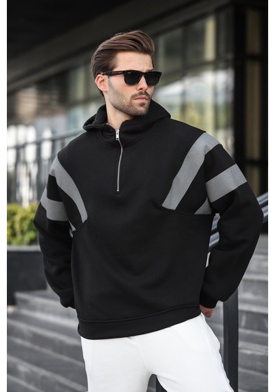 Madmext Siyah Fermuarlı Yaka Kapüşonlu Erkek Sweatshirt E7161 Siyah